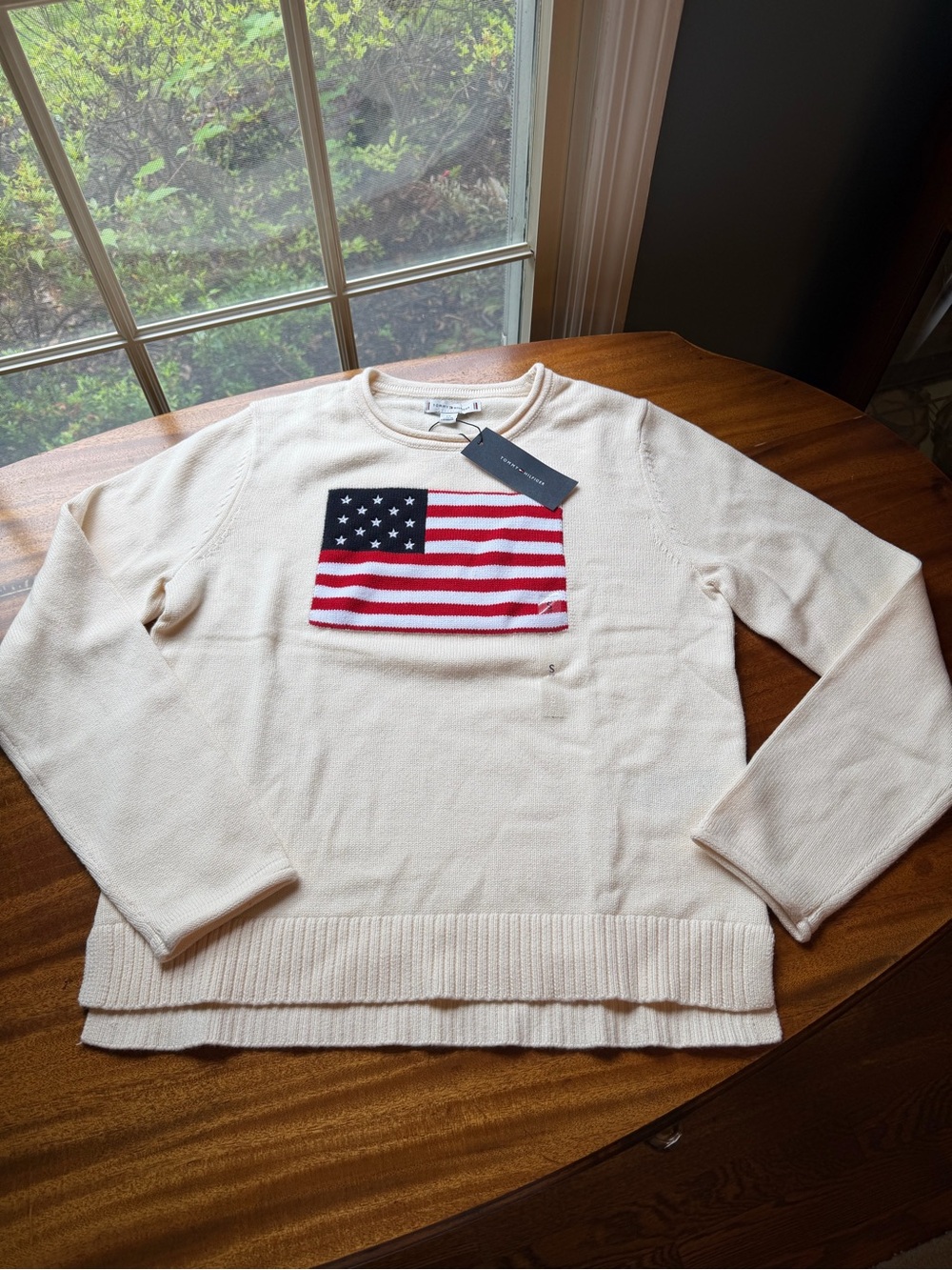 Tommy Hilfiger Cream Crewneck Sweater with Flag Patch
